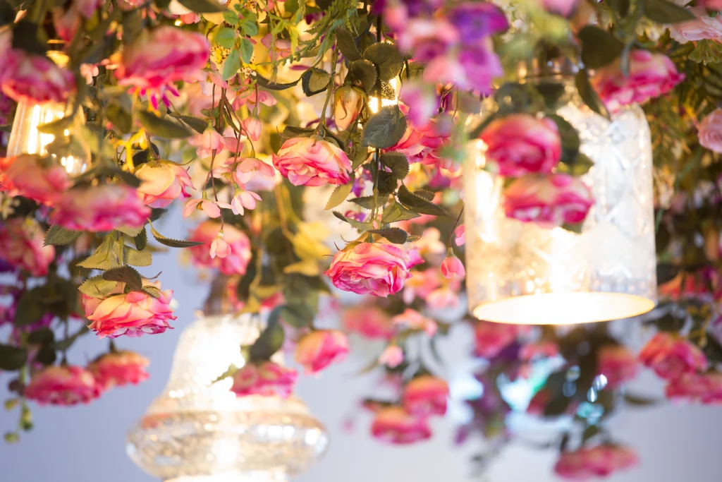 Hanging artificial Roses used in floral installation by I Want Plants