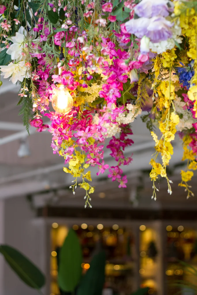 hanging artificial flowers at the florist liverpool