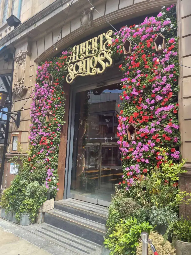 HYVERT floral living wall at Alberts Schloss Manchester with Geraniums