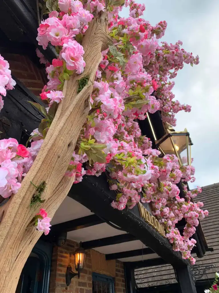 Bird In Hand pub with artificial cherry blossom growing around timber entrance arch