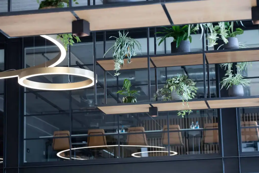 Close-up of artificial plants on suspended shelving in Bruntwood Base offices