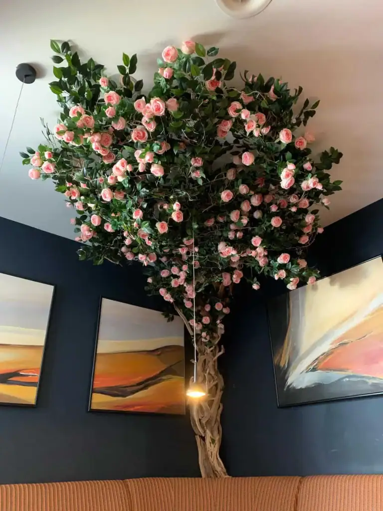 The Club's pink roses and Bougainvillea on custom-made tree with fairy lights