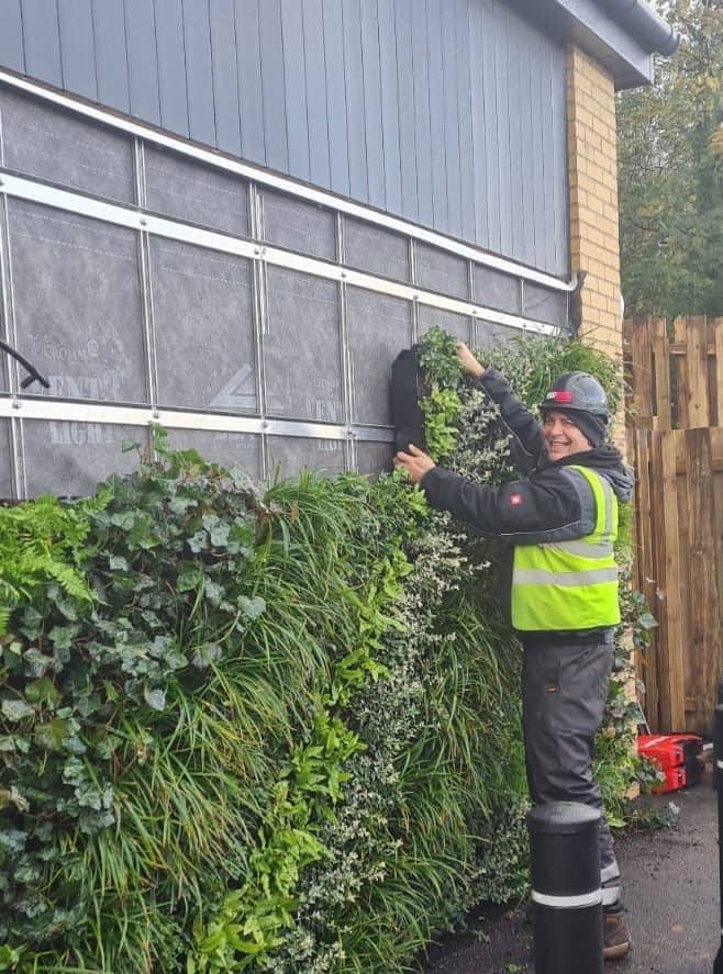 I Want Plants HYVERT team installing a living wall at Co-op in Penmaenmawr, North Wales