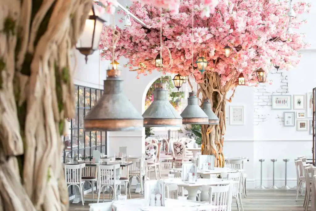Pink blossom tree in The Florist dining area