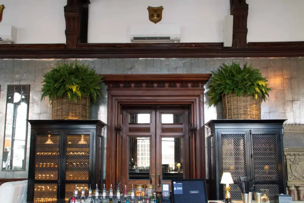 Boston ferns framing Grand Pacific, Manchester's dining area