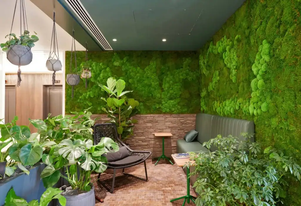 One Victoria green wellness area with live plants and moss wall by I want plants