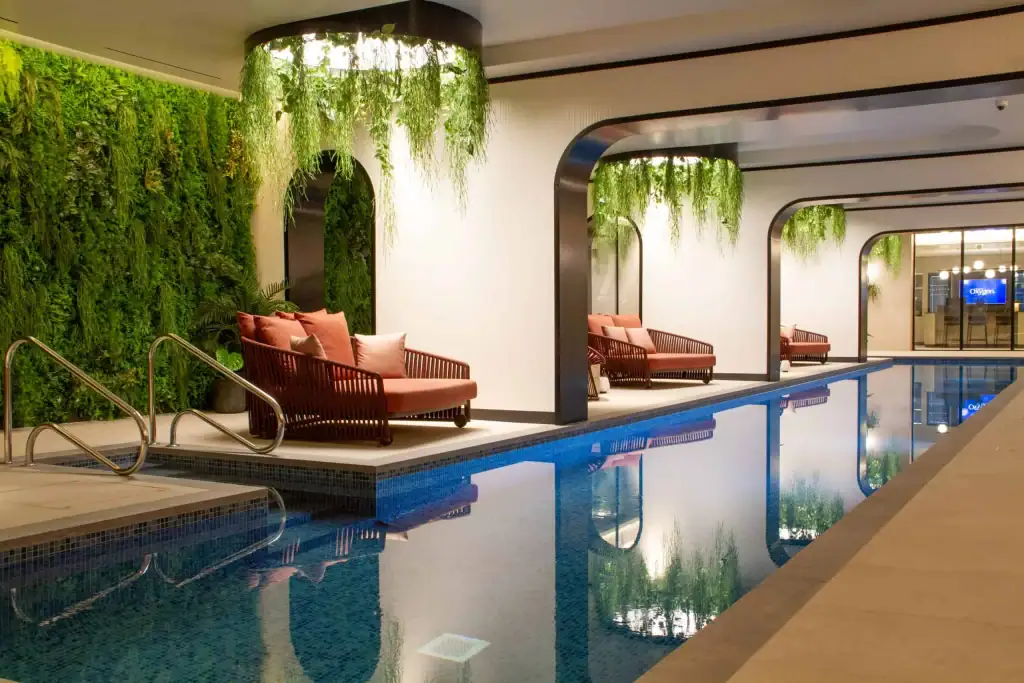 Oxygen Manchester Residents Pool with artificial foliage attached to hoops and suspended from ceiling by I Want Plants