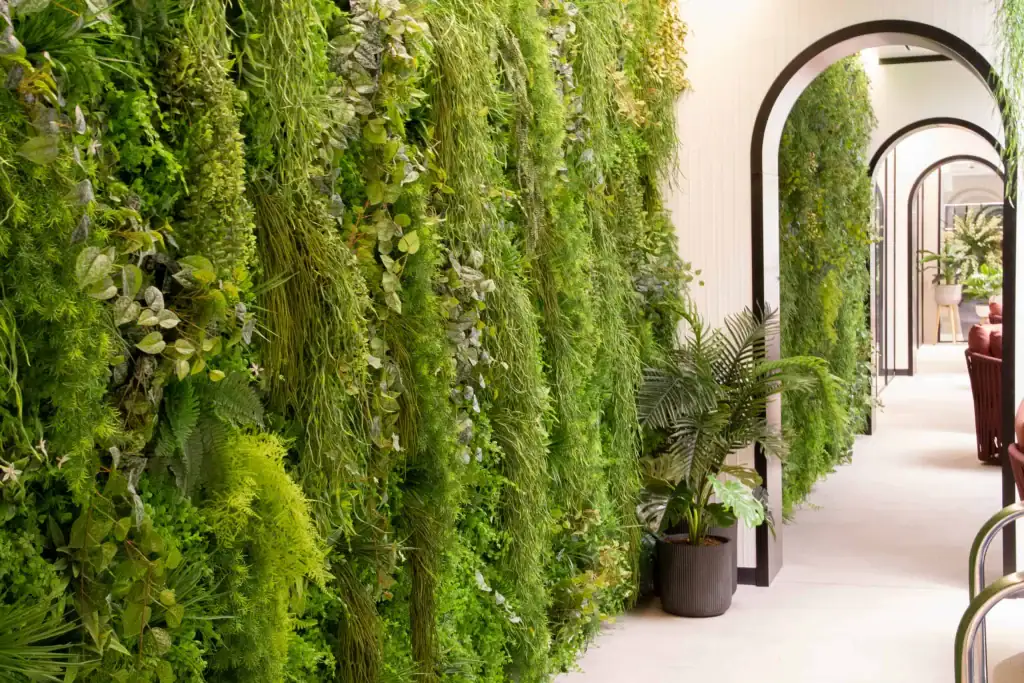Oxygen Living Manchester replica living wall running along arched walkway made and installed by I want plants