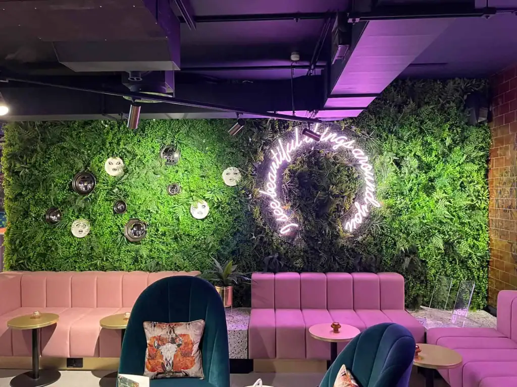 Artificial green living wall at the Qbic Bar and Restaurant, Manchester