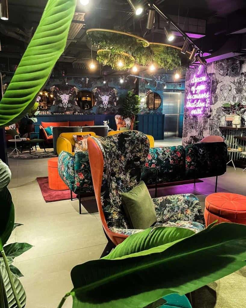 The Qbic Bar and Restaurant raft lighting and freestanding plants
