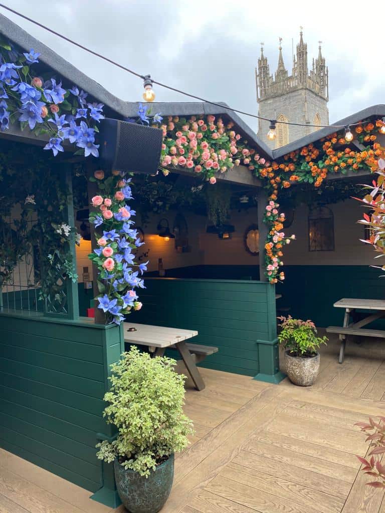 Floral design scheme as part of the Summer Terrace space for Flight Club Cardiff