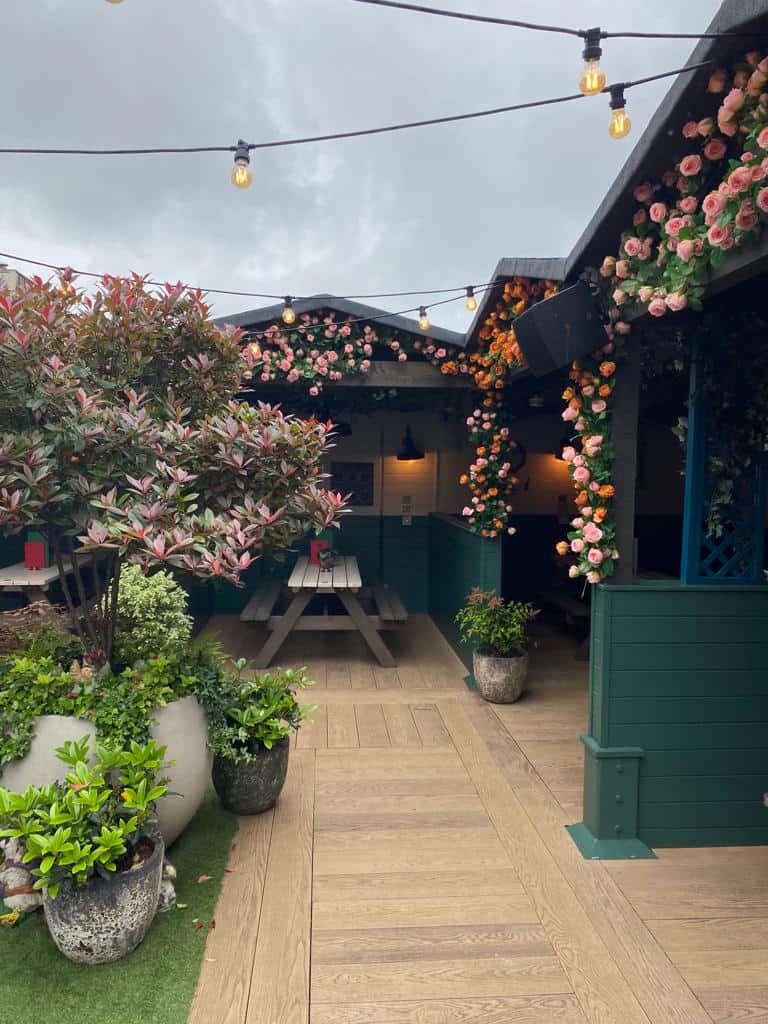 Planting and floral installation for Summer Terrace space for Flight Club Cardiff