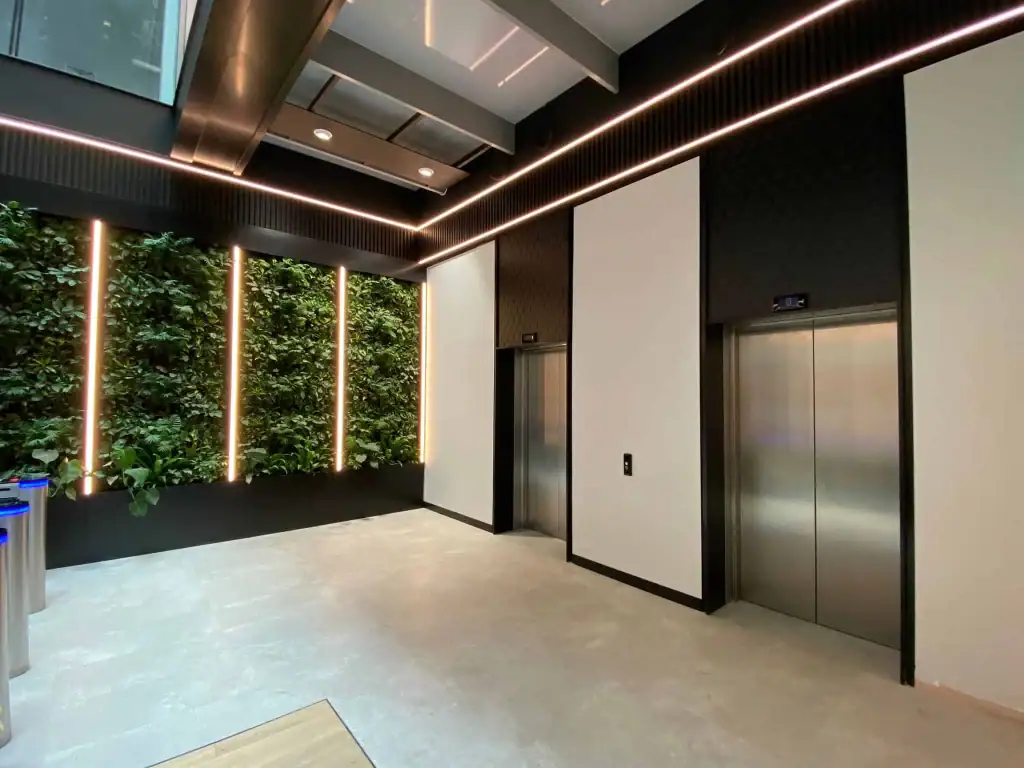 HYVERT living walls next to elevators at No 1 St Peters, Liverpool