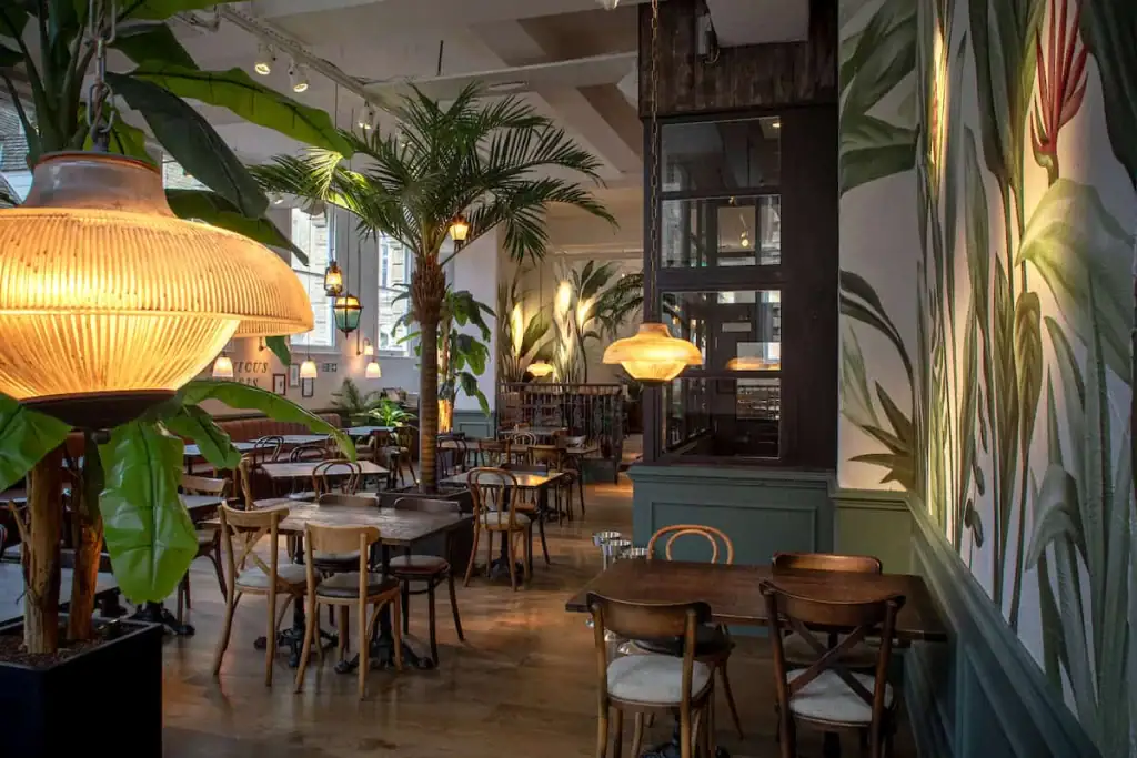 The Botanist, Ipswich palm plants in dining room