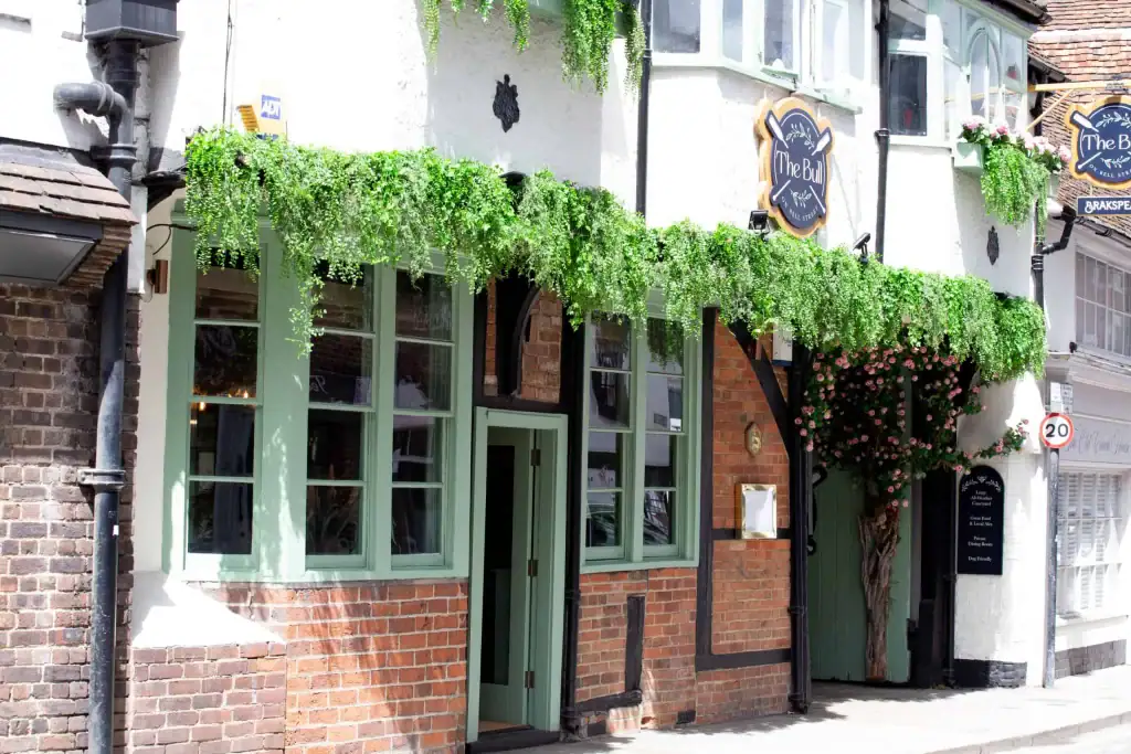 Entrance to The Bull Henley with artificial trailing greenery above window frame and across entrance area