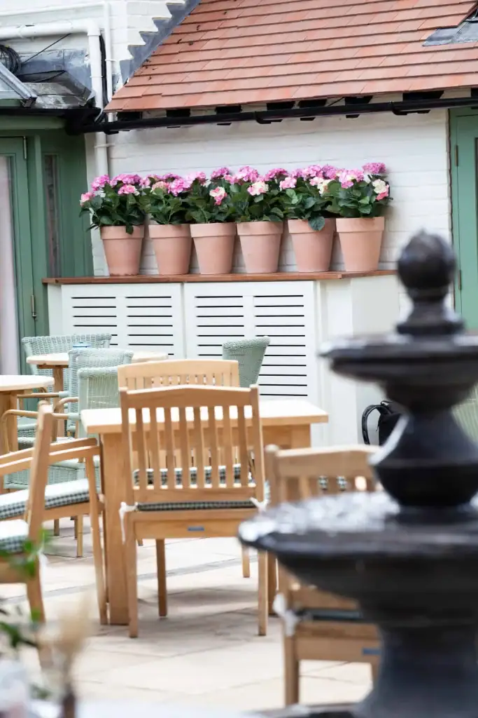 Artificial pink geraniums in terracotta pots at The Bull Henley external terrace area