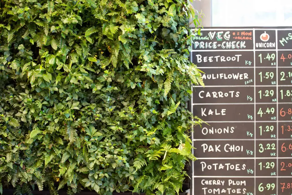 Close-up of living wall at Unicorn Grocery Store, Chorlton