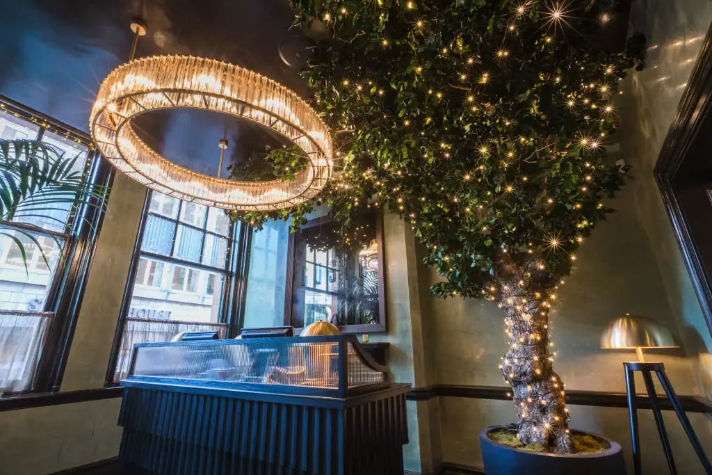 custom made tree with twinkly lights by i want plants