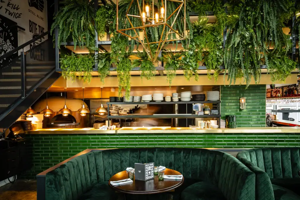 artificial plants above hospitality bar