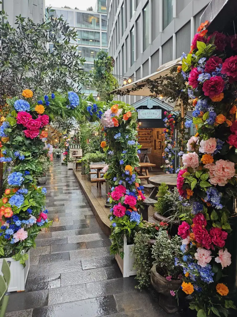 Flight Club sun terrace artificial floral displays