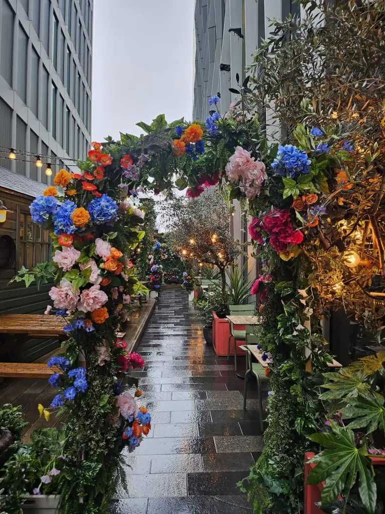 Flight Club sun terrace artificial floral displays