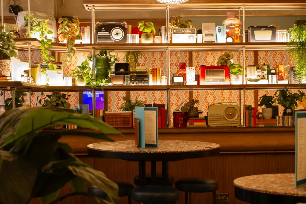 artificial plants on open plan shelf at electric shuffle manchester