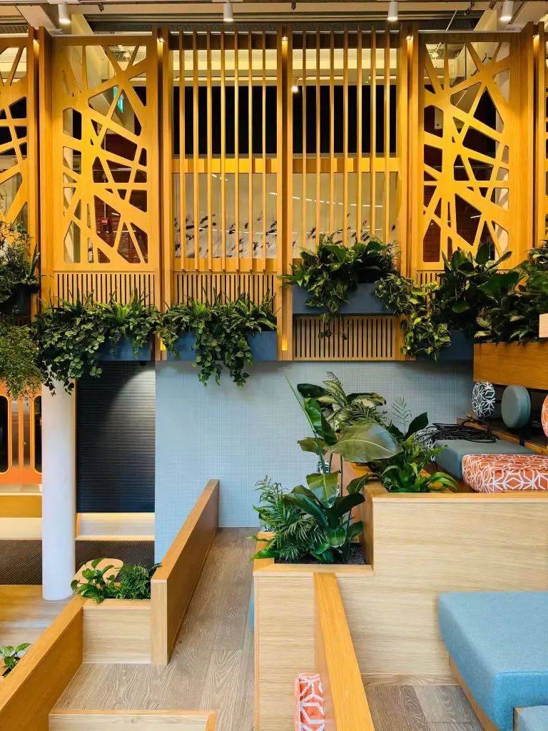 Live plant displays in built in troughs at West Village