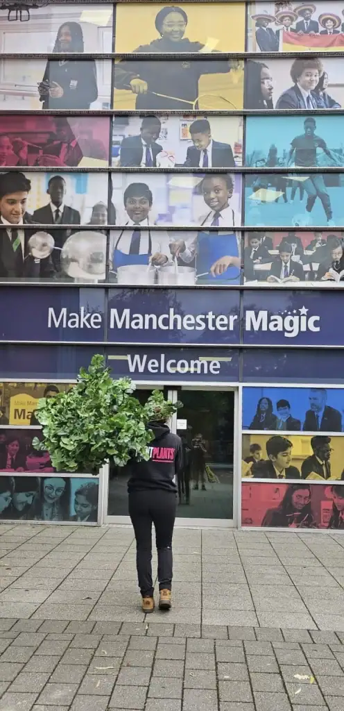 I Want Plants Technician delivering plant donations to Manchester Academy School