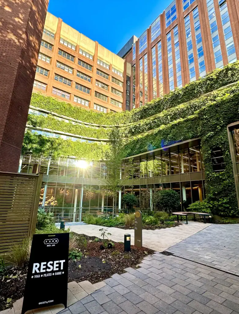 sun shining on West Village Leeds HYVERT living wall