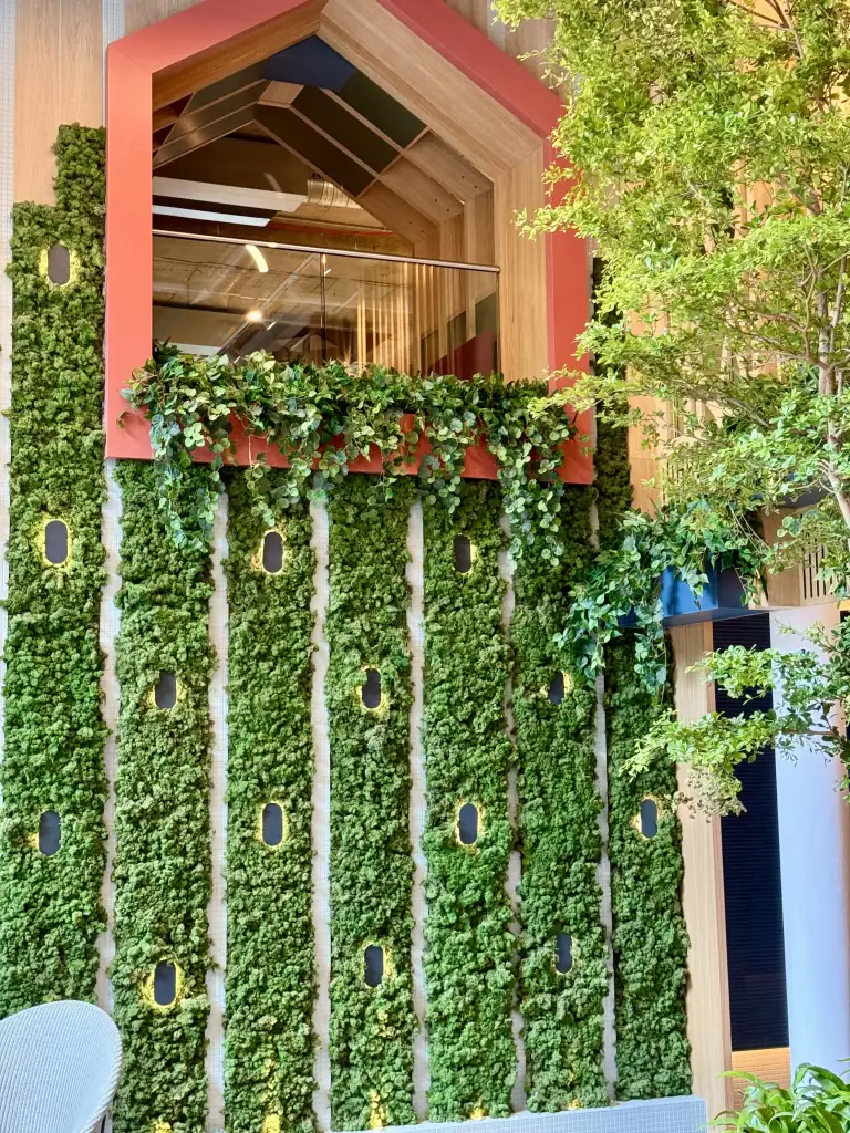 Preserved Reindeer Moss wall at West Village Leeds, installed by I Want Plants