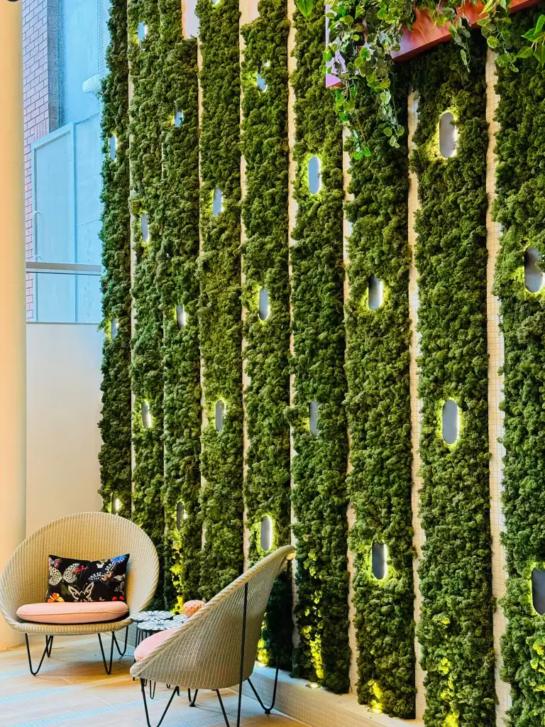 Preserved Reindeer Moss wall at West Village Leeds, installed by I Want Plants