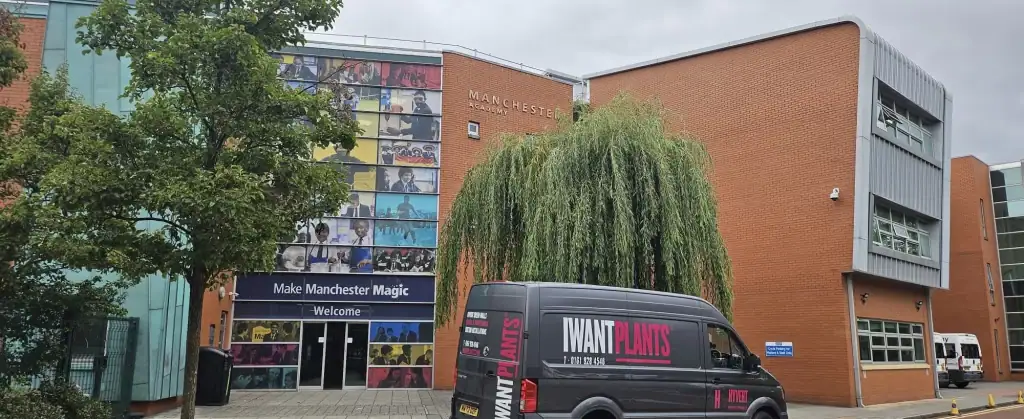 I Want Plants vehicle outside Manchester Academy School making plant donations